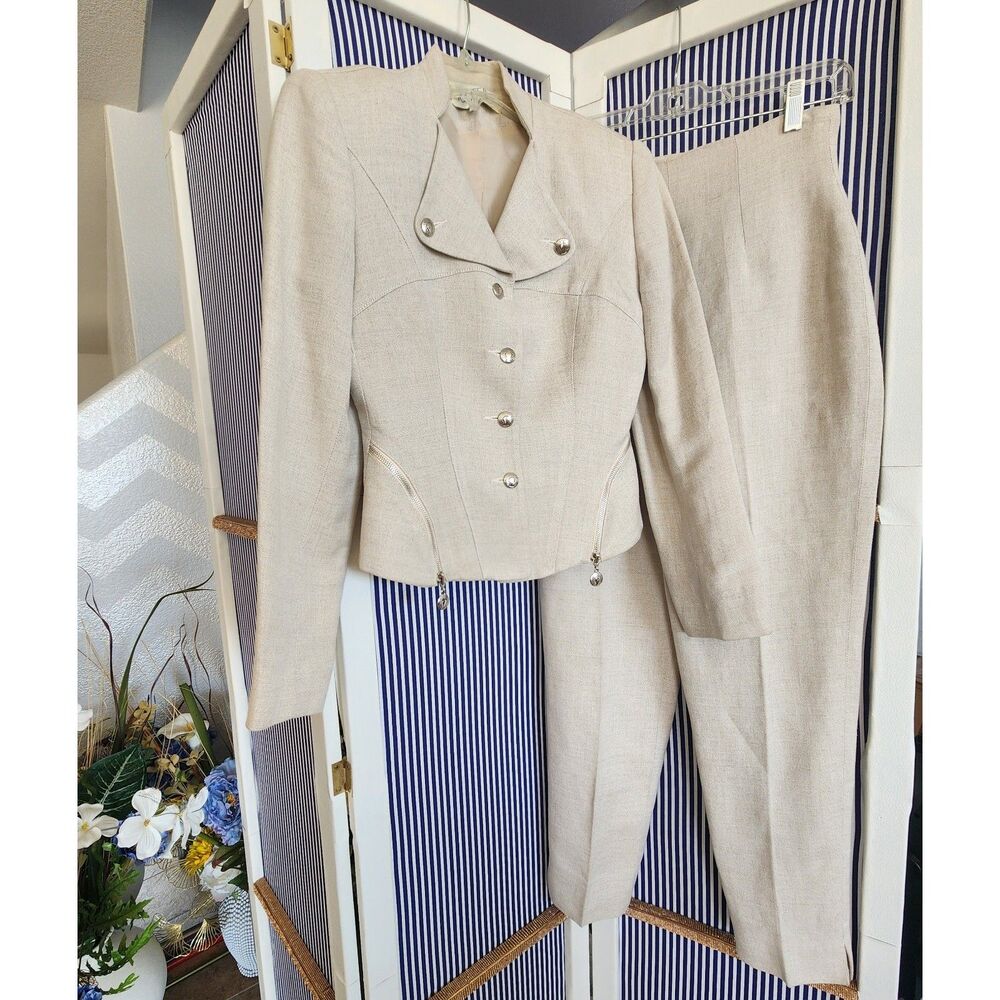 Vintage Tootsies Linen Beige Zippered Blazer/ Pants Suit Size 2